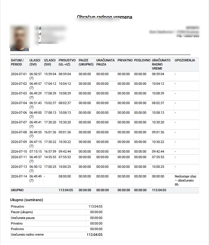 PDF izvestaj radnog vremena